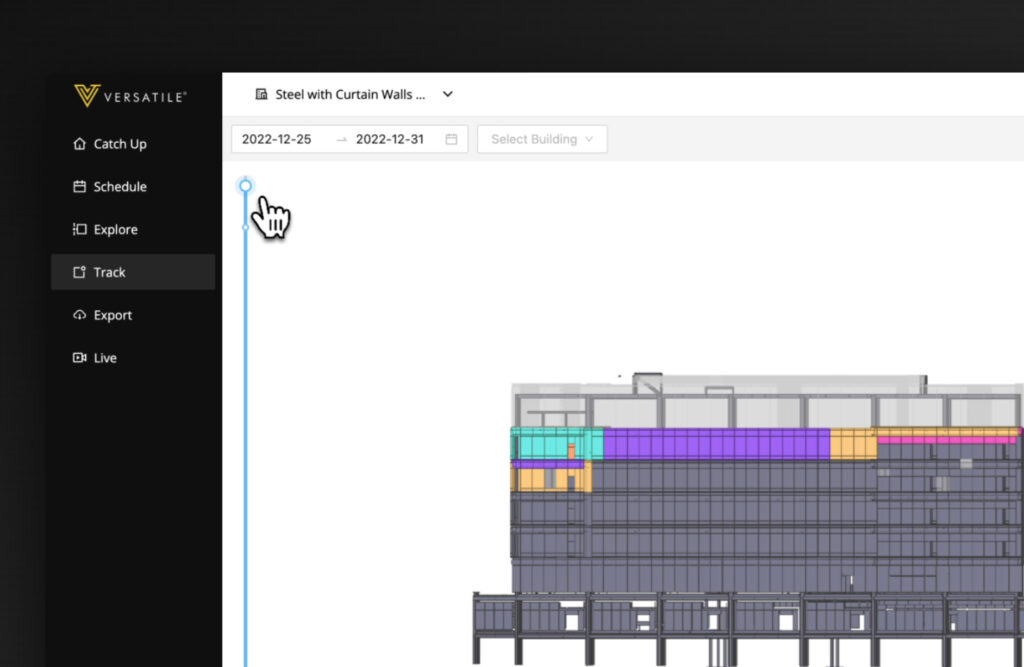 Track: Access an automated 4D model of your site buildings. Monitor progress over time and gain visibility on each piece installation.